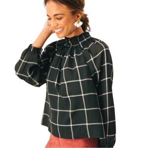 Marie Oliver Ruffled High Neck Silk Blend Long Sleeve Plaid Top Career Women's S